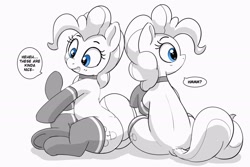 Size: 2554x1704 | Tagged: safe, artist:pabbley, pinkie pie, earth pony, pony, g4, choker, clothes, cute, dialogue, diapinkes, dock, duality, female, grayscale, mare, monochrome, partial color, ponk, simple background, sitting, solo, speech bubble, stockings, tail, thigh highs, white background