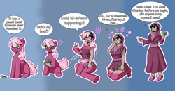Size: 1232x648 | Tagged: safe, artist:quickcast, cheerilee, human, g4, arabic, commission, dialogue, human coloration, humanized, natural hair color, pony to human, speech bubble, transformation, transformation sequence