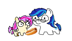 Size: 2741x1586 | Tagged: safe, artist:anye_deux, oc, oc only, oc:anye, oc:scout centurion, earth pony, pony, disguise, disguised changeling, food, glasses, hot dog, meat, sausage, simple background, squatpony, transparent background