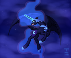 Size: 1280x1040 | Tagged: safe, artist:tinypurplebrush, nightmare moon, alicorn, pony, g4, angry, blue eyes, blue mane, blue tail, cloud, concave belly, digital art, ethereal mane, ethereal tail, fangs, female, flying, glowing, glowing eyes, glowing horn, helmet, hoof shoes, horn, logo, long horn, mare, night, open mouth, peytral, sky, solo, spread wings, starry mane, starry tail, stars, tail, teeth, wings