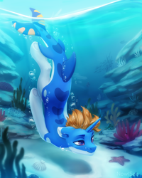 Size: 3000x3750 | Tagged: safe, artist:inowiseei, oc, oc only, original species, pony, shark, shark pony, starfish, unicorn, bubble, coral, crepuscular rays, cute, digital art, dorsal fin, ear fluff, fin, fins, fish tail, flowing mane, high res, horn, male, ocean, orange mane, pink eyes, scenery, scenery porn, seashell, seaweed, sky, smiling, solo, stallion, sunlight, swimming, tail, underwater, water