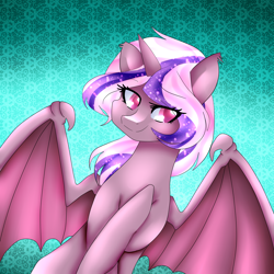 Size: 2800x2800 | Tagged: safe, artist:oniiponii, oc, oc only, alicorn, bat pony, bat pony alicorn, pony, abstract background, bat pony oc, bat wings, bust, ethereal mane, high res, horn, smiling, solo, starry mane, wings