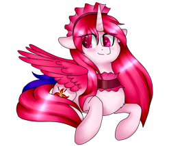 Size: 2800x2401 | Tagged: safe, artist:oniiponii, oc, oc only, alicorn, pony, alicorn oc, choker, female, high res, horn, lying down, mare, prone, simple background, smiling, solo, transparent background, wings