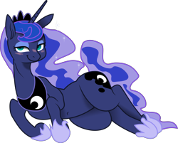 Size: 7175x5759 | Tagged: safe, artist:nekubi, artist:php178, editor:php178, vector edit, princess luna, alicorn, pony, g4, .svg available, artist interpretation, belly, belly button, blue mane, blue tail, blush lines, blushing, clothes, colored, crossed legs, crown, draw me like one of your french girls, eyeshadow, female, flank, full body, grin, horn, inkscape, interpretation, jewelry, large butt, lidded eyes, long neck, looking at you, lounging, love handles, lying down, makeup, mane, mare, moon, no catchlights, on side, regalia, sassy, shoes, shrunken pupils, simple background, sketch, smiling, smiling at you, smirk, smug, solo, sternocleidomastoid, sultry pose, svg, tail, translucent mane, transparent background, transparent tail, vector, wide hips