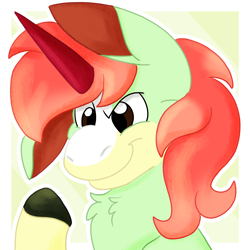Size: 2000x2000 | Tagged: safe, artist:euspuche, oc, oc only, oc:pistachio, donkey, hybrid, mule, pony, unicorn, bust, high res, looking down, male, portrait, smiling, solo, thinking