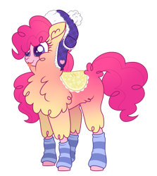 Size: 909x1021 | Tagged: safe, artist:unoriginai, oc, oc only, alpaca, hybrid, pony, them's fightin' herds, blanket, clothes, community related, cute, hat, interspecies offspring, leg warmers, magical lesbian spawn, offspring, parent:paprika (tfh), parent:pinkie pie, parents:papinkie, simple background, socks, solo, tongue out, transparent background