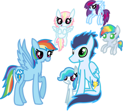 Size: 413x379 | Tagged: safe, artist:littlesnowyowl, rainbow dash, soarin', pegasus, pony, g4, baby, baby pony, family, female, filly, foal, male, mare, offspring, parent:rainbow dash, parent:soarin', parents:soarindash, ship:soarindash, shipping, simple background, stallion, straight, transparent background, vector