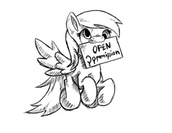 Size: 900x700 | Tagged: safe, artist:underdog234, derpy hooves, pegasus, pony, g4, advertisement, commission open, monochrome, mouth hold, sign, simple background, sketch, solo, white background