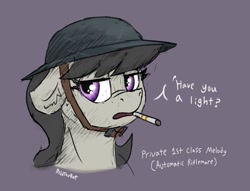 Size: 1803x1377 | Tagged: safe, artist:reddthebat, octavia melody, earth pony, pony, redd's great war universe, g4, cigarette, dialogue, female, floppy ears, helmet, lidded eyes, mare, purple background, signature, simple background, solo, talking to viewer