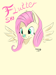 Size: 1500x2000 | Tagged: safe, artist:underdog234, fluttershy, butterfly, pegasus, pony, g4, bust, butterfly on nose, insect on nose, simple background, solo, spread wings, wings, yellow background