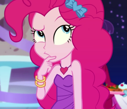 Size: 757x651 | Tagged: safe, screencap, pinkie pie, human, equestria girls, g4, my little pony equestria girls: better together, twilight under the stars, bare shoulders, bracelet, clothes, dress, eyebrows, hairband, hand on chin, heart, heart necklace, hmm, jewelry, looking up, necklace, raised eyebrow, sleeveless, sleeveless dress, solo, strapless, strapless dress, thinking