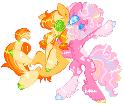 Size: 1252x1067 | Tagged: safe, artist:peaceandlove26, applejack, pinkie pie, earth pony, pony, twinkle eyed pony, g4, alternate color palette, alternate design, alternate hairstyle, belly fluff, blaze (coat marking), body markings, chest fluff, coat markings, colored hooves, dappled, duo, ear fluff, facial markings, female, freckles, hoof polish, leg fluff, mare, mismatched hooves, missing accessory, missing hat, open mouth, pigtails, simple background, smiling, socks (coat markings), swirly eyes, transparent background, unshorn fetlocks