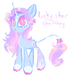 Size: 1844x1972 | Tagged: safe, artist:peaceandlove26, oc, oc only, oc:lucky star, pony, unicorn, g4, big eyes, cascading cutie mark, cloven hooves, coat markings, colored hooves, colored horn, facial markings, hairclip, hoof polish, horn, jewelry, leonine tail, magical lesbian spawn, name, offspring, parent:kerfuffle, parent:twilight sparkle, parents:twifuffle, pink eyes, pronouns, simple background, socks (coat markings), solo, star (coat marking), tail, tail jewelry, unicorn oc, white background