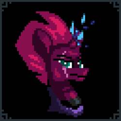 Size: 1024x1024 | Tagged: safe, artist:dasty-g, tempest shadow, pony, unicorn, g4, black background, broken horn, bust, horn, looking at you, pixel art, simple background, solo