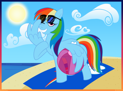 Size: 1900x1400 | Tagged: safe, artist:blumoontoons, rainbow dash, pegasus, pony, g4, beach, beach ball, beach towel, grin, one eye closed, smiling, solo, sun, sunglasses, wing hold, wings
