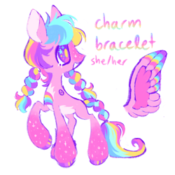 Size: 2000x2000 | Tagged: safe, artist:webkinzworldz, oc, oc only, oc:charm bracelet, pegasus, pony, g4, braid, braided tail, colored wings, colored wingtips, female, gradient legs, high res, looking back, magical lesbian spawn, mare, multicolored wings, offspring, open mouth, pale belly, parent:kerfuffle, parent:twilight sparkle, parents:twifuffle, pronouns, purple eyes, raised hoof, simple background, smiling, solo, sparkles, sparkly eyes, standing, tail, turned head, white background, wingding eyes, wings