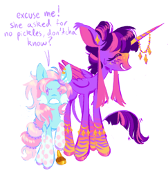 Size: 1840x1896 | Tagged: safe, artist:webkinzworldz, kerfuffle, twilight sparkle, alicorn, earth pony, pony, g4, alternate design, amputee, anklet, asked for no pickles, blush scribble, bracelet, cheek fluff, colored hooves, colored wings, colored wingtips, complaining, crack shipping, duo, ear piercing, ear tufts, earring, female, folded wings, gradient horn, gradient legs, grin, hair bun, hoof polish, horn, horn jewelry, jewelry, leonine tail, lesbian, mare, nervous, nervous smile, nervous sweat, piercing, prosthetic leg, prosthetic limb, prosthetics, raised hoof, ship:twifuffle, shipping, simple background, smiling, sparkles, standing, stripes, sweat, tail, tail jewelry, white background, wings
