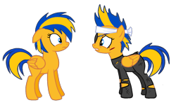 Size: 1250x750 | Tagged: safe, artist:mlpfan3991, oc, oc only, oc:flare spark, pegasus, pony, g4, it's about time, doppelganger, eyepatch, future, simple background, solo, spy suit, transparent background, warning