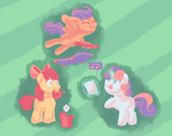 Size: 998x790 | Tagged: safe, artist:superkirbylover, apple bloom, scootaloo, sweetie belle, earth pony, pegasus, pony, unicorn, g4, 2017, cutie mark crusaders, flower, mouth hold, old art, potted plant, scooter, sheet music, singing, trio, watering can