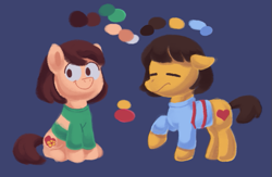 Size: 601x393 | Tagged: safe, artist:superkirbylover, pony, chara, clothes, color palette, duo, frisk, ponified, raised hoof, sitting, sweater, undertale