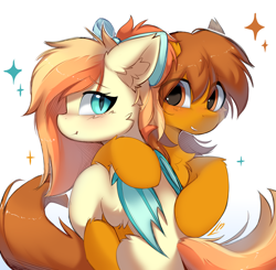 Size: 4808x4720 | Tagged: safe, artist:lunylin, oc, oc only, oc:sunshine drift, oc:zip circuit, bat pony, earth pony, pony, absurd resolution, bat pony oc, bat wings, bow, chest fluff, cute, duo, duo male and female, ear fluff, earth pony oc, eye clipping through hair, eyebrows, eyebrows visible through hair, female, hair bow, hug, looking at you, male, mare, ocbetes, simple background, slit pupils, smiling, smiling at you, sparkles, stallion, white background, wings