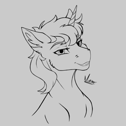 Size: 1217x1217 | Tagged: safe, artist:monolith_skyline, oc, oc:sweet steel, pony, unicorn, black and white, eyebrows, female, grayscale, lidded eyes, lineart, looking at you, mare, monochrome, simple background, smiling