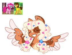 Size: 1280x977 | Tagged: safe, artist:snansswap, screencap, cheese sandwich, pinkie pie, oc, earth pony, pegasus, pony, g4, accessory, bust, coat markings, colored ears, colored wings, colored wingtips, eyes closed, female, flower, flower in hair, grin, hair accessory, heart, male, mare, messy mane, multicolored hair, multicolored mane, multicolored wings, offspring, parent:cheese sandwich, parent:pinkie pie, parents:cheesepie, pegasus oc, pigtails, screencap reference, ship:cheesepie, shipping, simple background, smiling, spread wings, stars, straight, transparent background, twintails, wings