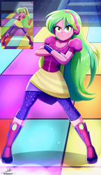 Size: 1934x3334 | Tagged: safe, artist:the-butch-x, screencap, lemon zest, human, equestria girls, equestria girls specials, g4, my little pony equestria girls: dance magic, boots, clothes, crossed arms, dance magic (song), eyeshadow, female, headphones, high heel boots, leggings, makeup, scene interpretation, screencap reference, shirt, shoes, skirt, solo, t-shirt