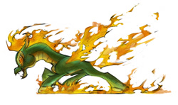 Size: 1280x760 | Tagged: safe, artist:haju-jung, tianhuo (tfh), dragon, hybrid, longma, them's fightin' herds, community related, fiery wings, mane of fire, sharp teeth, simple background, solo, tail, tail of fire, teeth, white background, wings