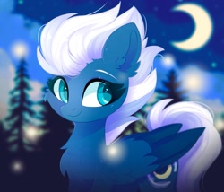 Size: 1765x1510 | Tagged: safe, artist:cinnamontee, night glider, pegasus, pony, g4, blurry background, cheek fluff, chest fluff, crescent moon, cute, ear fluff, eyebrows, female, folded wings, glideabetes, mare, moon, night, night sky, outdoors, sky, smiling, solo, stars, tree, wings