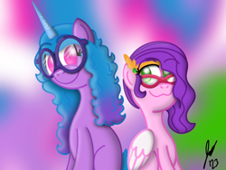 Size: 2160x1620 | Tagged: safe, artist:jesslmc16, izzy moonbow, pipp petals, pegasus, pony, unicorn, g5, adorapipp, colored, cute, digital art, duo, duo female, female, glasses, headband, horn, izzy is tol, izzybetes, looking at each other, looking at someone, mare, pipp is short, pipp is smol, signature, sitting, smiling, smiling at each other, smol, wings
