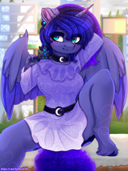 Size: 2025x2700 | Tagged: safe, alternate version, artist:taiweiart, princess luna, alicorn, anthro, unguligrade anthro, g4, alternate hairstyle, arm behind head, belt, blushing, both cutie marks, breasts, busty princess luna, clothes, collar, cute, diadem, dock, dress, ear fluff, ear piercing, earring, ethereal mane, female, high res, holding, hooves, jewelry, looking at you, lunabetes, multiple variants, piercing, regalia, solo, spread legs, spread wings, spreading, starry mane, tail, unshorn fetlocks, wings
