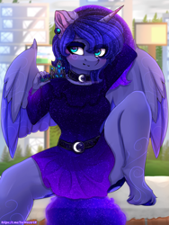 Size: 2025x2700 | Tagged: safe, alternate version, artist:taiweiart, princess luna, alicorn, anthro, unguligrade anthro, g4, alternate hairstyle, arm behind head, belt, blushing, both cutie marks, breasts, busty princess luna, clothes, collar, cute, diadem, dock, dress, ear fluff, ear piercing, earring, ethereal mane, female, high res, holding, hooves, jewelry, looking at you, lunabetes, multiple variants, piercing, regalia, solo, spread legs, spread wings, spreading, starry mane, tail, unshorn fetlocks, wings