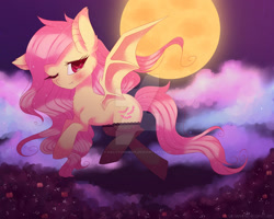 Size: 1024x820 | Tagged: safe, artist:halcyondrop, fluttershy, bat pony, pony, g4, clothes, cloud, deviantart watermark, ear fluff, female, flying, full body, mare, obtrusive watermark, one eye closed, outdoors, solo, spread wings, stockings, thigh highs, watermark, wings
