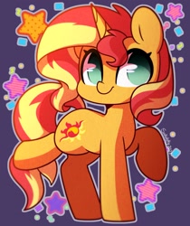 Size: 1200x1431 | Tagged: safe, artist:sakukitty, sunset shimmer, pony, unicorn, g4, cute, female, horn, looking at you, mare, purple background, raised hoof, raised leg, shimmerbetes, signature, simple background, smiling, smiling at you, solo
