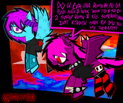 Size: 1730x1446 | Tagged: safe, artist:xxv4mp_g4z3rxx, oc, oc:laughing gas, oc:violet valium, bat pony, pegasus, pony, clothes, collar, dialogue, duo, emo, fangs, fishnet stockings, flying, hospital band, magenta mane, mane extentions, piercing, pink eyes, red eyes, scar, scene, signature, socks, spiked collar, spiked wristband, striped socks, two toned mane, wristband