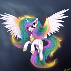 Size: 4000x4000 | Tagged: safe, artist:ser-p, princess celestia, pony, g4, absurd resolution, aura, fangs, fire, grin, hoof shoes, horn, peytral, smiling, solo, spread wings, wings