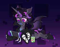 Size: 2386x1888 | Tagged: safe, artist:bishopony, oc, oc only, alicorn, bat pony, bat pony alicorn, pony, bat wings, clothes, commission, dexterous hooves, drink, fangs, hoodie, hoof hold, horn, lying down, mountain dew, nintendo switch, prone, signature, soda can, solo, sploot, wings