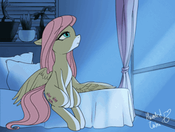 Size: 960x720 | Tagged: safe, artist:hauntedtuba, fluttershy, pegasus, pony, g4, animated, bed, dust motes, eye shimmer, looking up, sad, sitting, solo, window