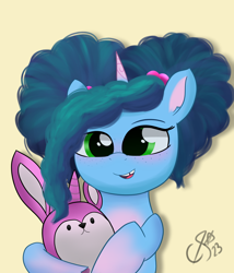 Size: 1800x2100 | Tagged: safe, artist:_cobalttuelatte, misty brightdawn, bunnycorn, pony, rabbit, unicorn, family trees, g5, my little pony: make your mark, my little pony: make your mark chapter 5, spoiler:g5, female, filly, filly misty brightdawn, foal, missing teeth, solo, younger