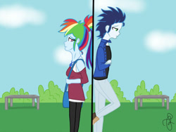 Size: 749x562 | Tagged: safe, artist:ilaria122, rainbow dash, soarin', human, equestria girls, g4, female, male, ship:soarindash, shipping, straight