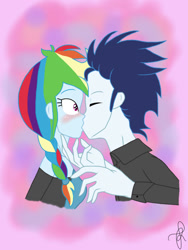 Size: 750x1000 | Tagged: safe, artist:ilaria122, rainbow dash, soarin', human, equestria girls, g4, blushing, female, kiss on the lips, kissing, male, ship:soarindash, shipping, straight