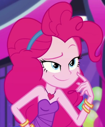Size: 516x621 | Tagged: safe, screencap, pinkie pie, human, equestria girls, g4, my little pony equestria girls: better together, twilight under the stars, bare shoulders, bracelet, clothes, dress, eyebrows, finger on cheek, grin, hairband, hand on hip, heart necklace, hmm, jewelry, lidded eyes, necklace, raised eyebrow, sleeveless, sleeveless dress, smiling, smug, solo, strapless, strapless dress, watching