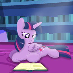 Size: 1400x1400 | Tagged: safe, artist:mlplary6, twilight sparkle, alicorn, pony, g4, anatomically incorrect, book, female, incorrect leg anatomy, library, lying down, mare, preglight sparkle, pregnant, smiling, twilight sparkle (alicorn), twilight's castle, twilight's castle library