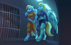 Size: 2930x1876 | Tagged: safe, artist:peachmayflower, lightning dust, rainbow dash, anthro, unguligrade anthro, g4, belly button, bondage, bound wings, chains, clothes, commissioner:rainbowdash69, cuffs, duo, female, front knot midriff, jail, jumpsuit, midriff, never doubt rainbowdash69's involvement, officer ld, police uniform, prison, prison outfit, prisoner, prisoner rd, shackles, walking, wing cuffs, wings
