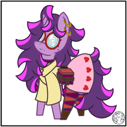 Size: 2000x2000 | Tagged: safe, artist:dice-warwick, oc, oc only, oc:fizzy fusion pop, pony, unicorn, bag, beauty mark, choker, clothes, cooler, ear piercing, earring, female, freckles, glasses, heart, high res, highlights, jewelry, long mane, long tail, mare, messy mane, piercing, pink dress, saddle bag, simple background, socks, solo, stockings, striped socks, tail, thigh highs, transparent background