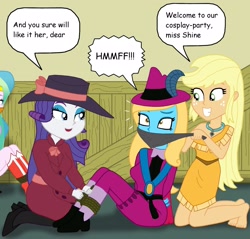 Size: 2288x2189 | Tagged: safe, artist:robukun, edit, applejack, rarity, oc, oc:shine, human, equestria girls, g4, barefoot, bondage, bound and gagged, cloth gag, cropped, detective rarity, feet, gag, high res, misspelling, muffled words, pocahontas, screaming, speech bubble, tied up