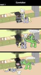 Size: 1920x3516 | Tagged: safe, artist:platinumdrop, derpy hooves, oc, oc:anon, oc:anon stallion, pegasus, pony, comic:caretaker, series:caretaker, g4, 3 panel comic, abuse, angry, bag, baking, baking sheet, batter, bawling, black eye, bound wings, bowl, bruised, burning, burnt, butt, cabinet, caretaker, chef's hat, comic, commission, cooking, counter, countertop, covering face, crying, derpybuse, dialogue, domestic abuse, duo, duo male and female, ears back, egg, eggshell, fear, female, fire, floppy ears, flour, folded wings, food, happy, hat, hiding face, i just don't know what went wrong, indoors, insult, kitchen, lying down, male, mare, messy, messy kitchen, mouth hold, muffin, muffin denial, muffin tray, onomatopoeia, open mouth, ouch, oven, oven mitts, pain, plot, prone, rope, sad, scared, scolding, series, smoke, sobbing, sound effects, speech bubble, splatter, spoon, stallion, stern, stove, stubble, talking, tears of pain, wings, wooden spoon, yelling