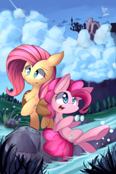 Size: 3600x5400 | Tagged: safe, artist:dshou, artist:kawaiipony2, fluttershy, pinkie pie, earth pony, pegasus, pony, g4, absurd resolution, binoculars, canterlot, chest fluff, cloud, cute, diapinkes, duo, duo female, eyebrows, female, grass, mare, open mouth, open smile, outdoors, pink pony, raised hoof, raised leg, shyabetes, signature, sky, smiling, tree, water