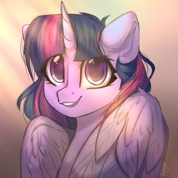 Size: 2000x2000 | Tagged: safe, artist:radioaxi, twilight sparkle, alicorn, pony, g4, bust, crepuscular rays, cute, female, high res, horn, looking at you, mare, portrait, smiling, smiling at you, solo, twiabetes, twilight sparkle (alicorn), wings